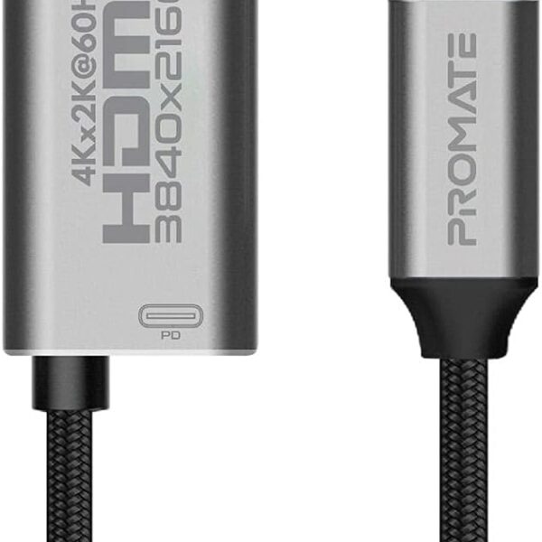 Promate USB-C to HDMI Premium Thunderbolt-3 to HDMI with Built-In 60W USB-C PD Port 4K at 60Hz 6ft for USB-C Enabled Devices HDMI-PD60 Computer Accessory