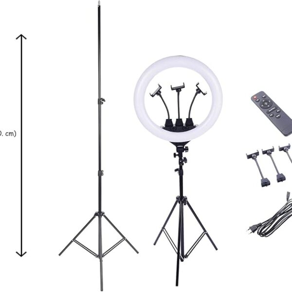 Zb-F488 Live Stream Led Ring Light 54 cm 360 Degree Rotating With 3 Mobile Holder Remote Control Bag And 21 Meter Stand - Black White Computer Accessory